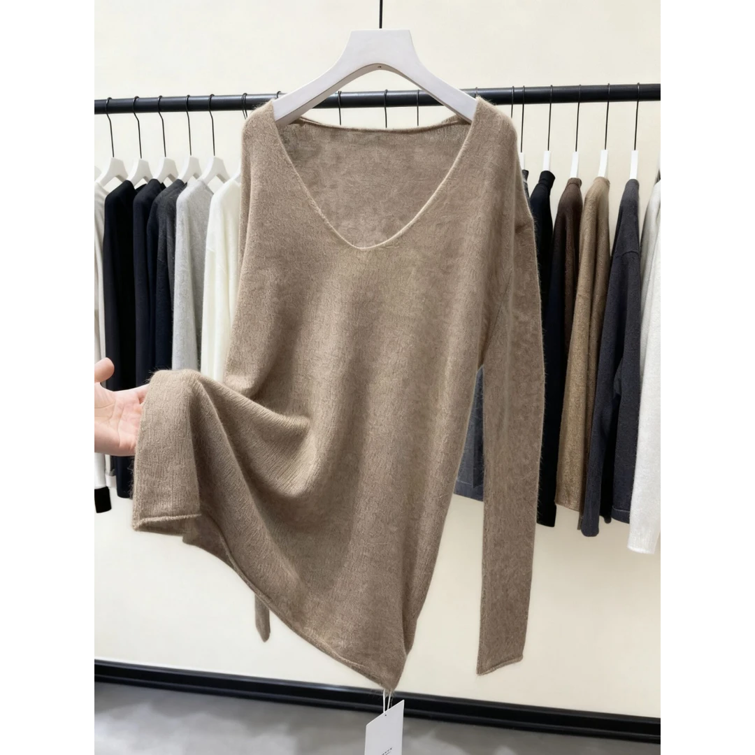 松驰感时髦范！巨漂亮！露锁骨大V领针织衫女显瘦慵懒毛衣罩衫上衣