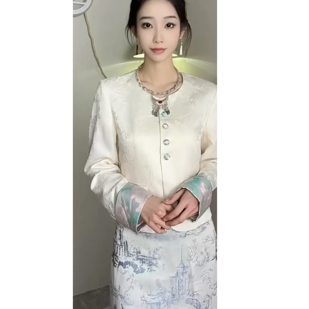 轻奢时尚气质网红复古提花新中式国风上衣中长裙