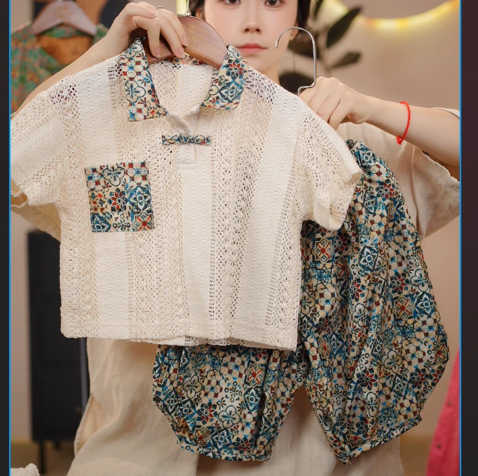 【小不点】儿童夏季新款镂空洋气时尚休闲百搭碎花韩版套装8529