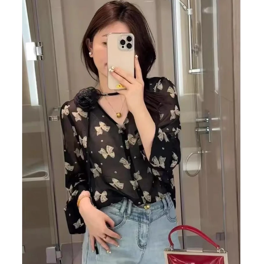 设计感印花V领雪纺衫女2025夏季新款宽松显瘦小衫气质泡泡袖1447