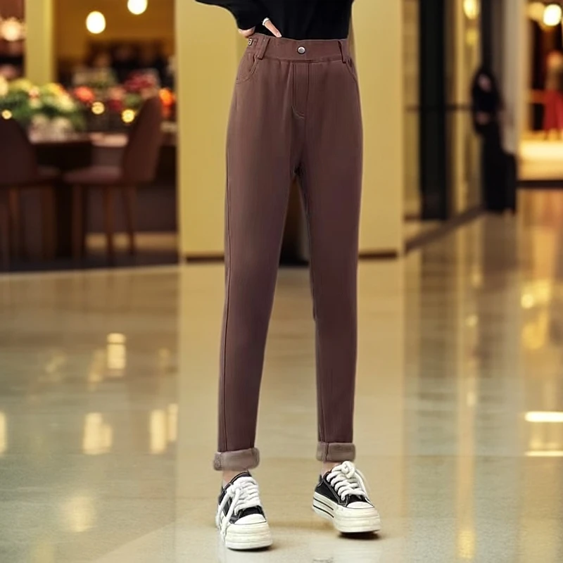 8617高腰加绒打底裤女外穿显瘦紧身小脚纽扣铅笔裤