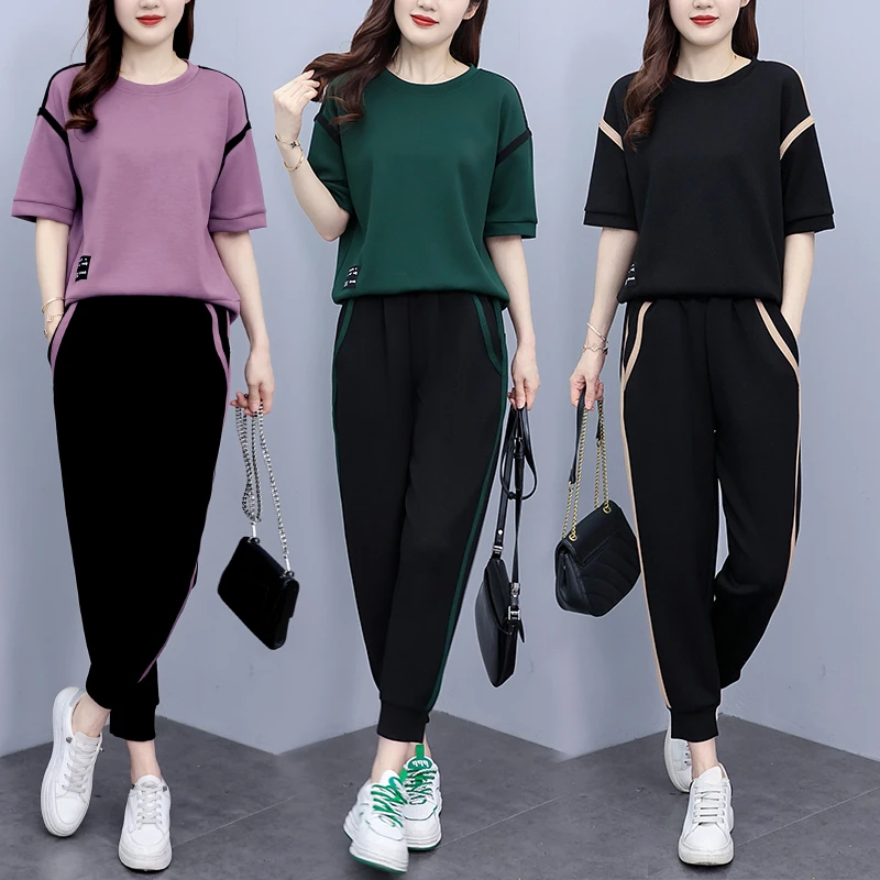2025夏季新时尚洋气减龄运动套装宽松圆领短袖上衣+裤子两件套