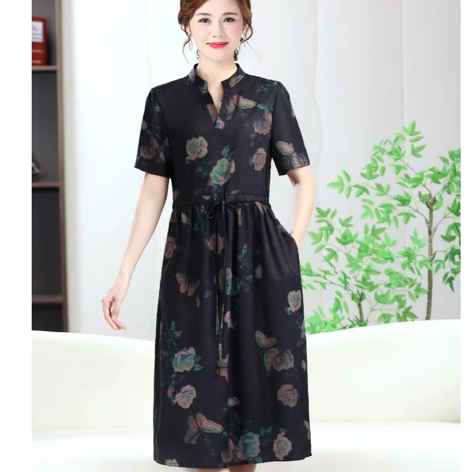 9749-夏季新款短袖洋气中长款气质收腰显瘦妈妈装连衣裙女（老余）