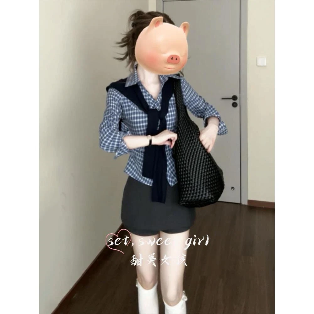 韩系学院风蓝色格纹长袖衬衫披肩女2025早秋新款高腰显瘦裤裙套装