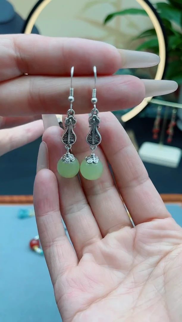 东陵石银S925镶嵌耳饰6233