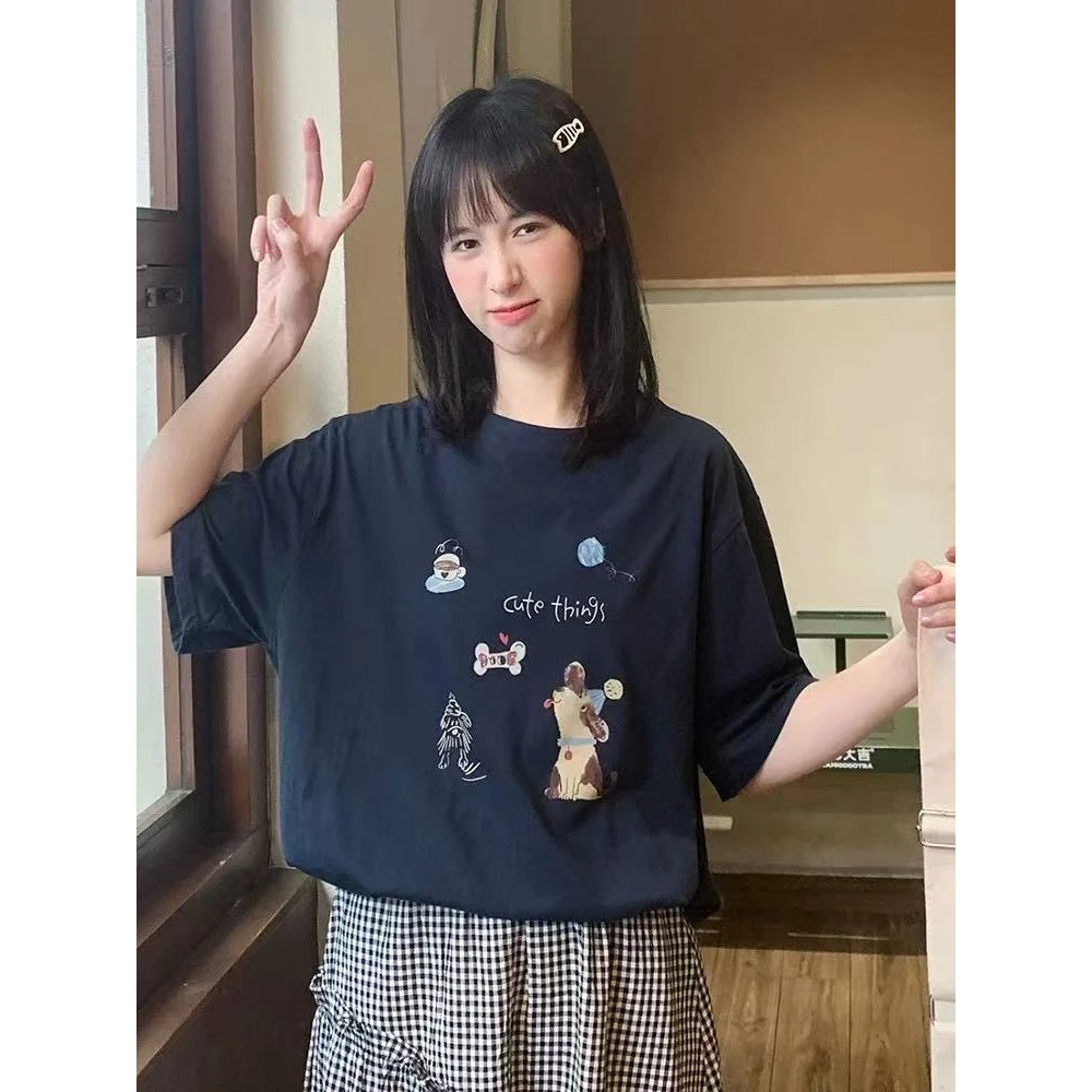 日系小狗印花短袖女可爱宽松上衣趣味狗T恤-0060