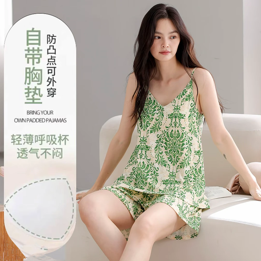 芯语婷薄荷曼波夏季带胸垫吊带睡衣云朵泡泡纱女士甜美气质家居服