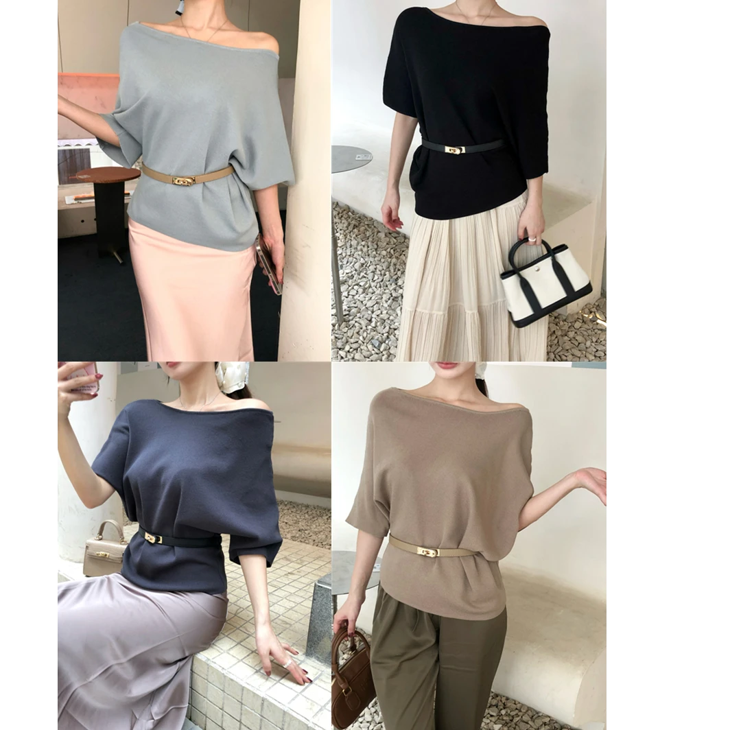 2025夏季新款慵懒风一字领蝙蝠袖冰丝针织衫女露肩宽松上衣配腰带