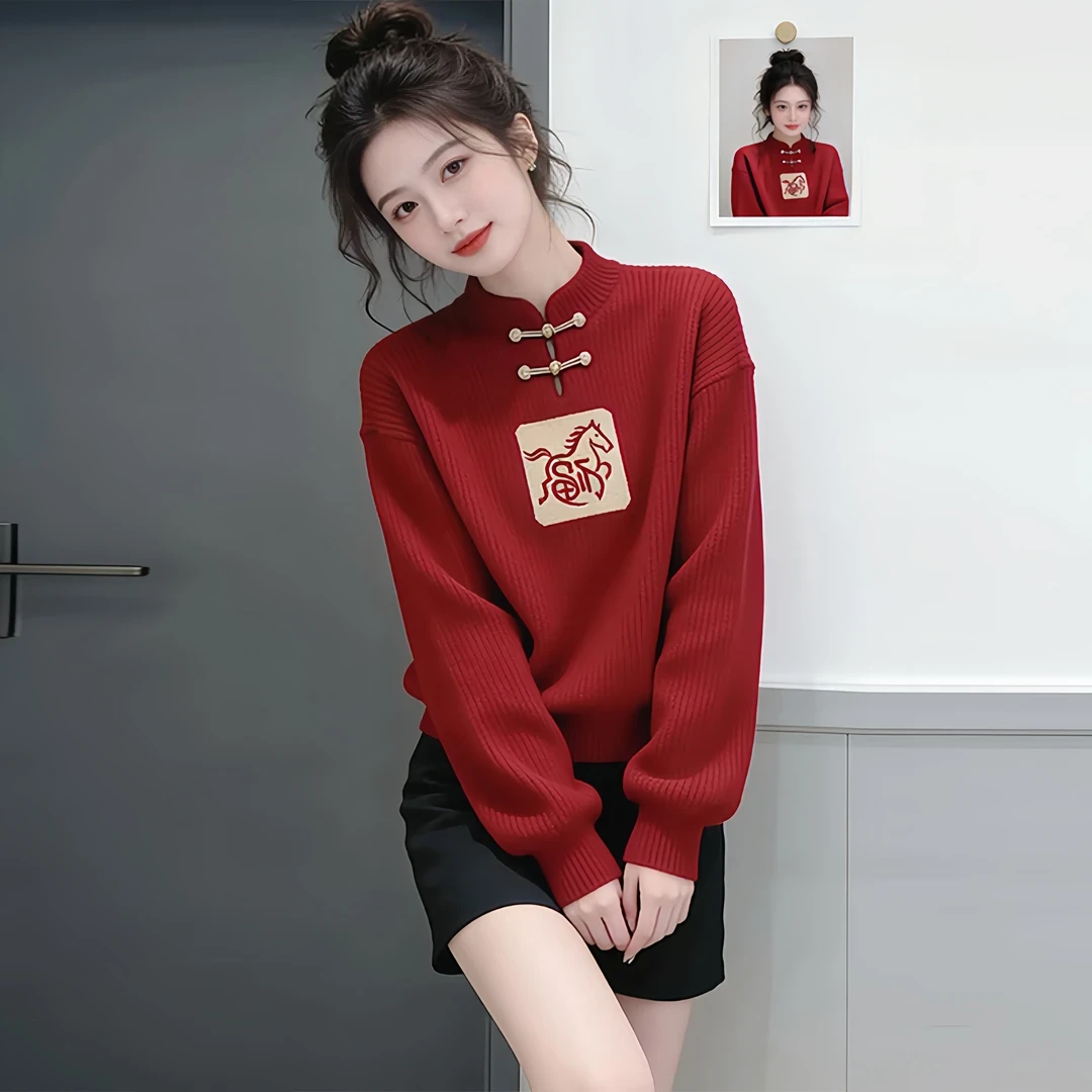 新中式国风盘扣白马红色针织毛衣女款2025新款冬季本命年马年衣服