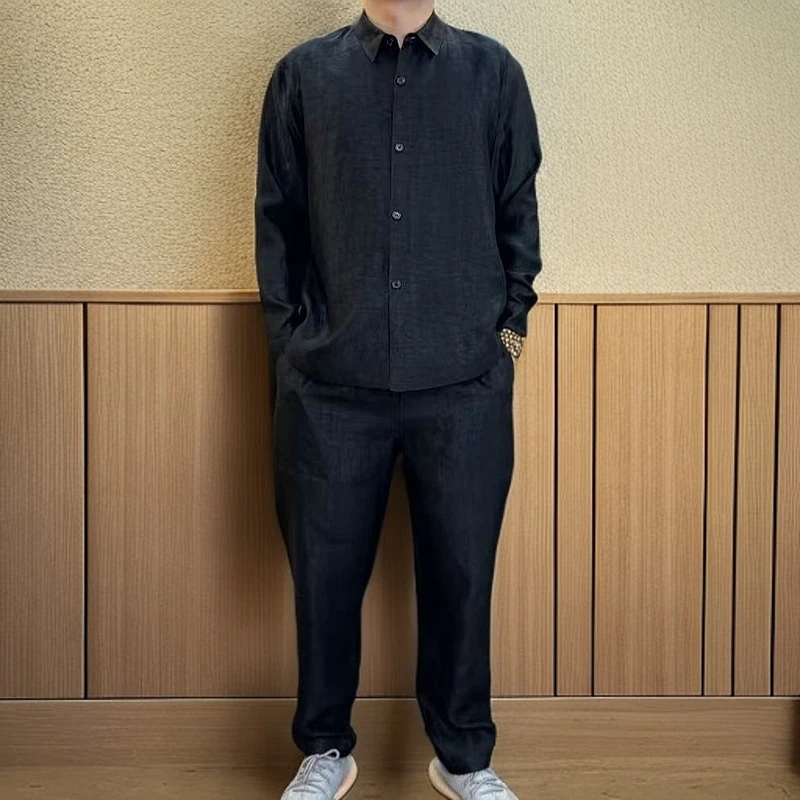 银云纱缎龟翻领套装100%桑蚕丝男士宽松国风夏季休闲百搭外套