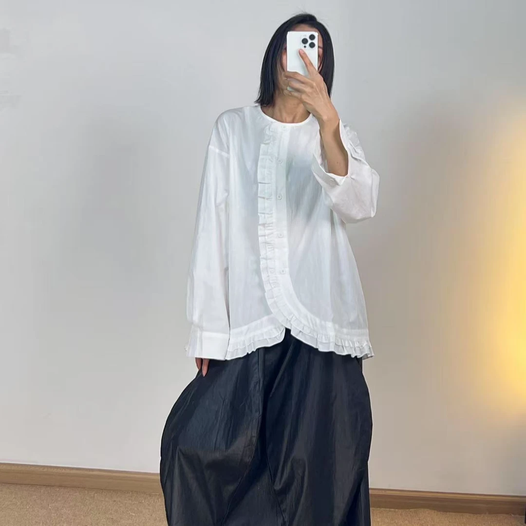 2025春季新款韩版文艺复古时尚百搭圆领长袖衬衫女宽松显瘦上衣