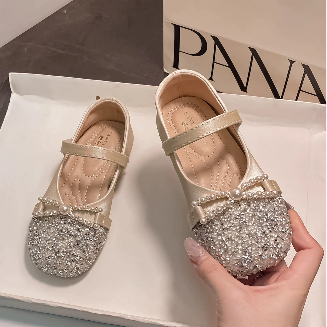 ABC女童公主鞋春秋款蝴蝶结珍珠儿童小女孩洋气小皮鞋宝宝水晶鞋