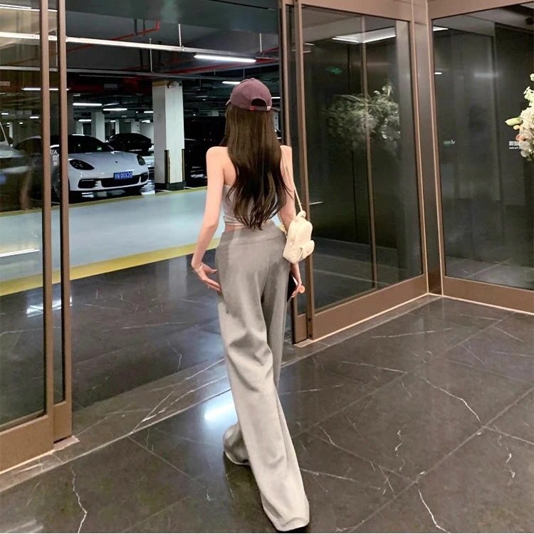 春季新款美式抽绳休闲卫裤女设计感高腰宽松显瘦拖地阔腿裤