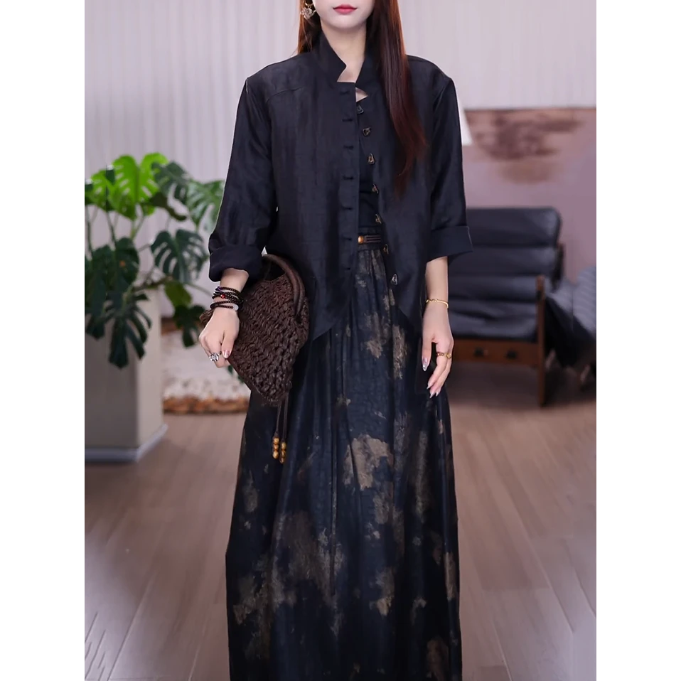 时尚文艺风轻奢套装2025秋季新款新中式减龄显瘦长袖衬衫+半身裙