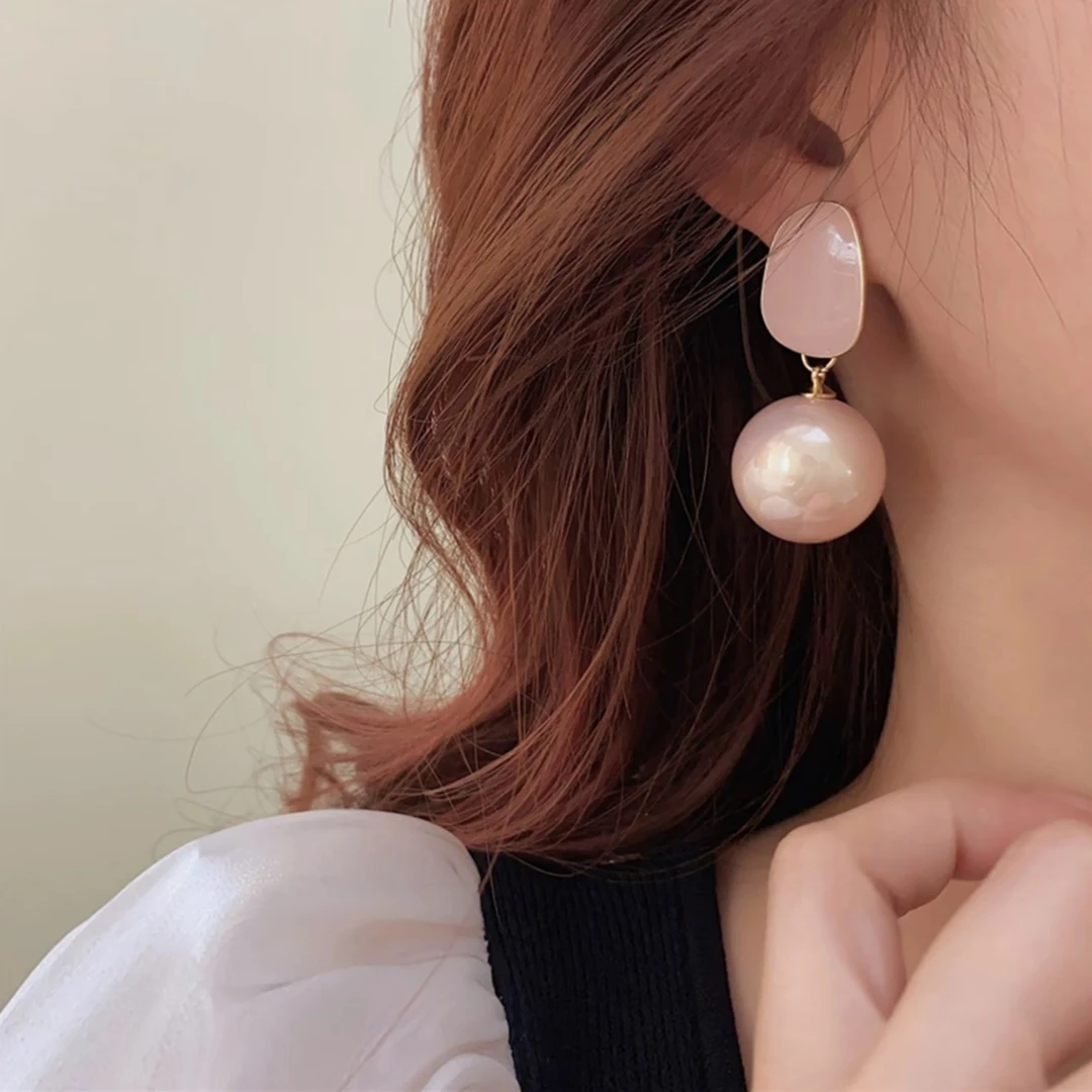 铜合金耳饰 法式复古粉嫩珠子吊坠耳环轻奢高级感气质耳饰