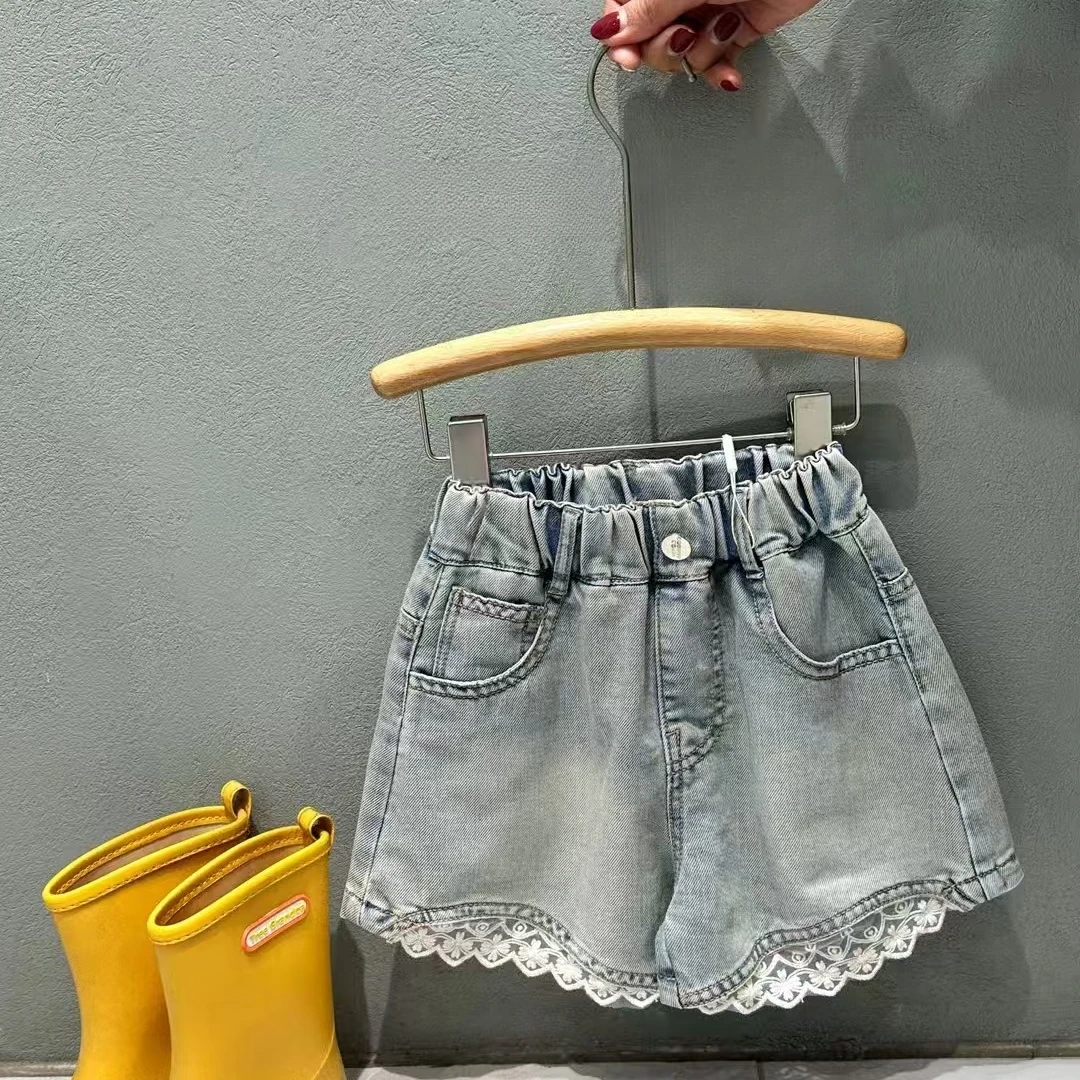 棉小九 儿童韩系蕾丝边牛仔短裤（中童）652228