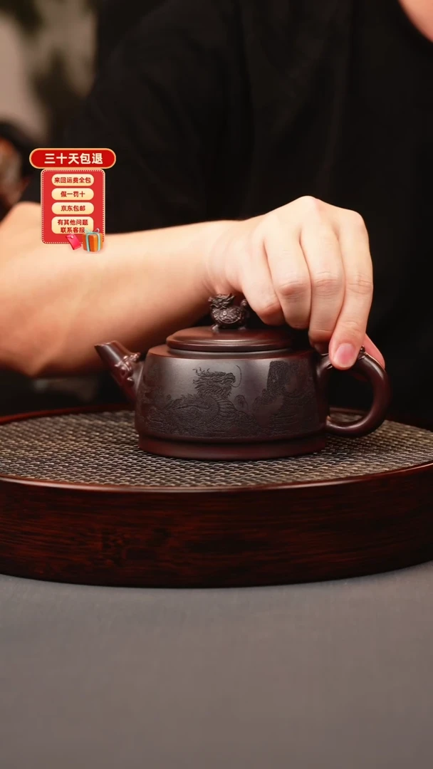 茶壶紫砂古红泥 龙龟壶 刻绘