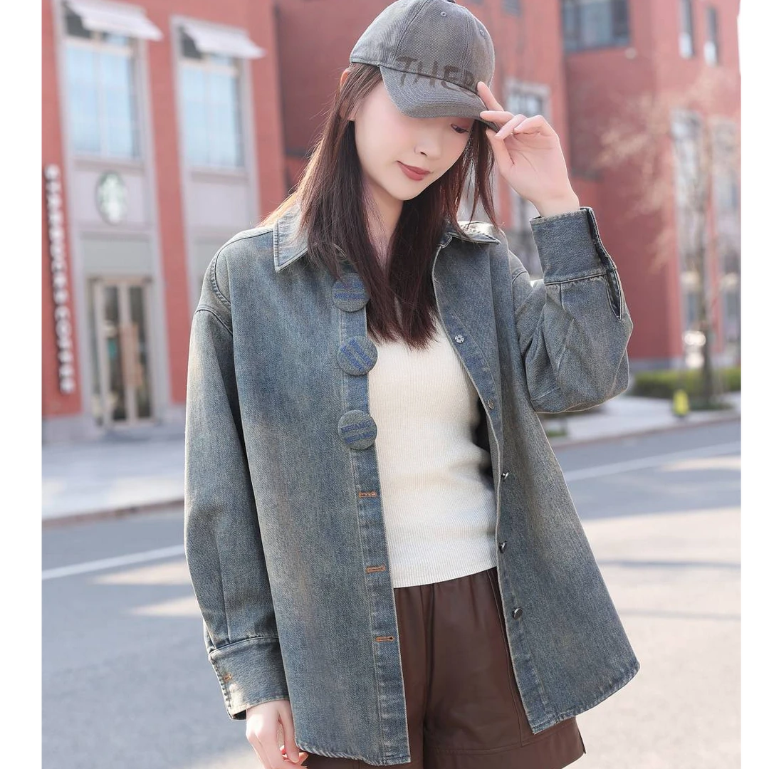 漠希摩2025早秋新款韩版复古牛仔水洗长袖衬衫女慵懒风极简