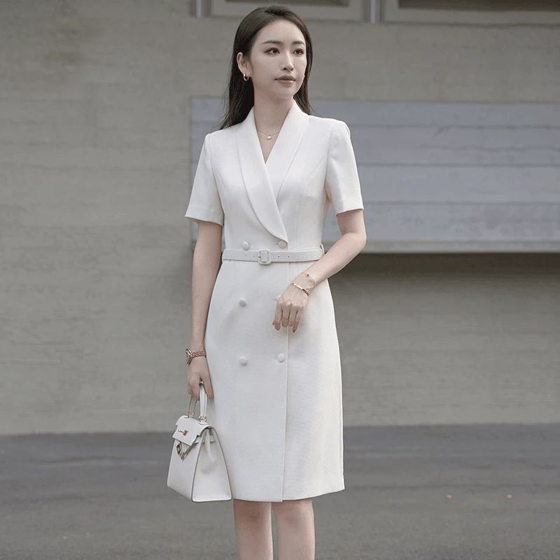 蓝色职业连衣裙女2025夏季新款主持人气质女神范职场面试通勤正装