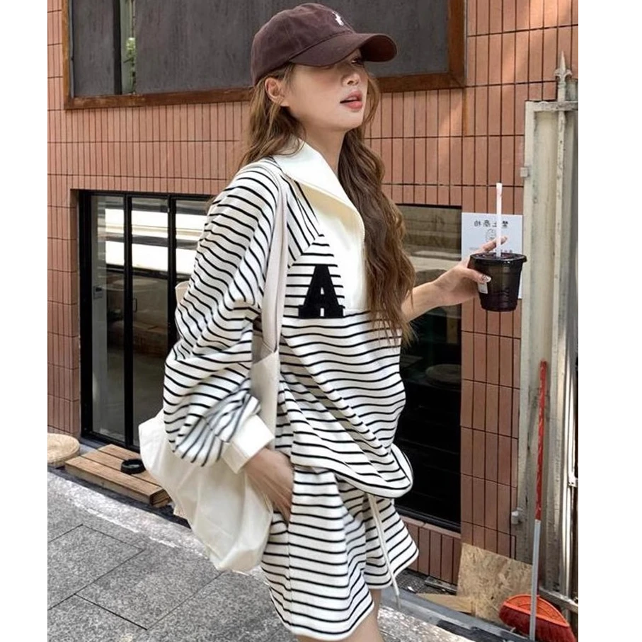 春季2025新款条纹翻领宽松长袖卫衣运动风阔腿休闲短裤新款两件套