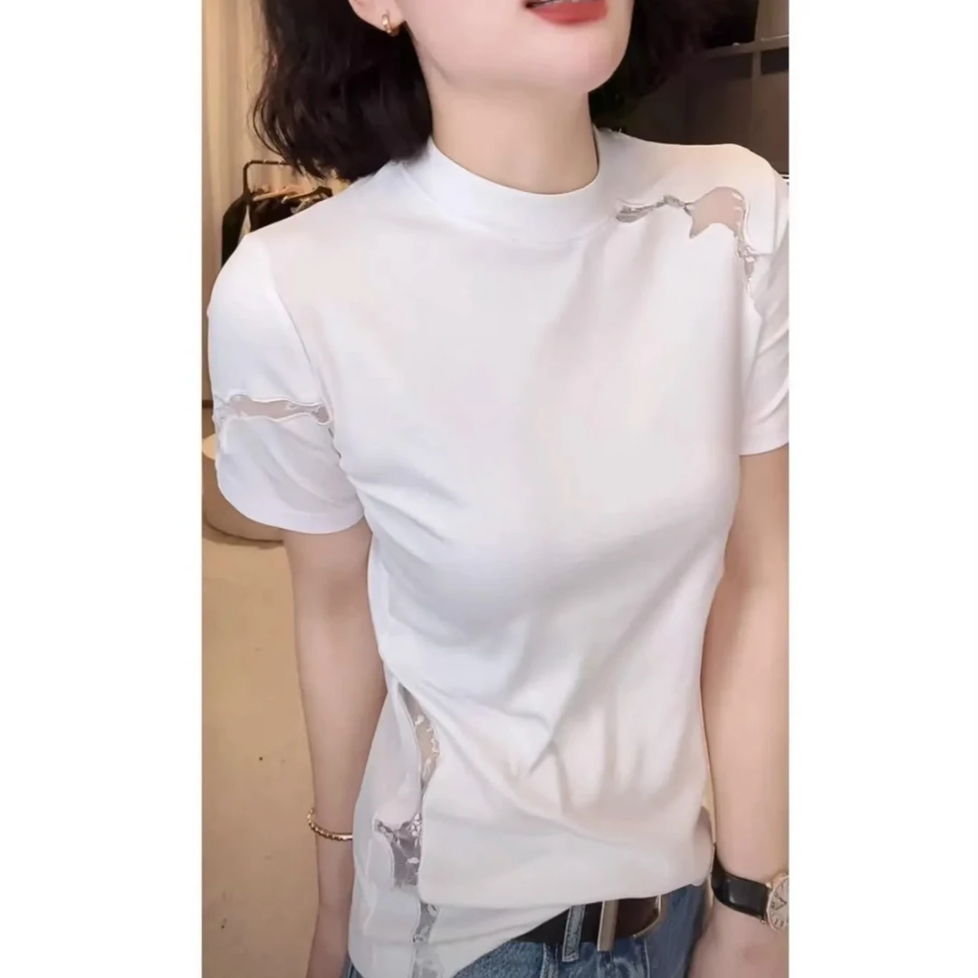 网红洋气衣服女夏款短袖T恤女圆领设计感时尚百搭短袖显瘦上衣款