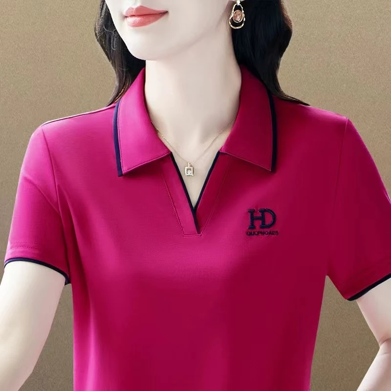 翻领纯色t恤短袖女2025夏季新款洋气显瘦遮肚polo衫中年洋气衣服