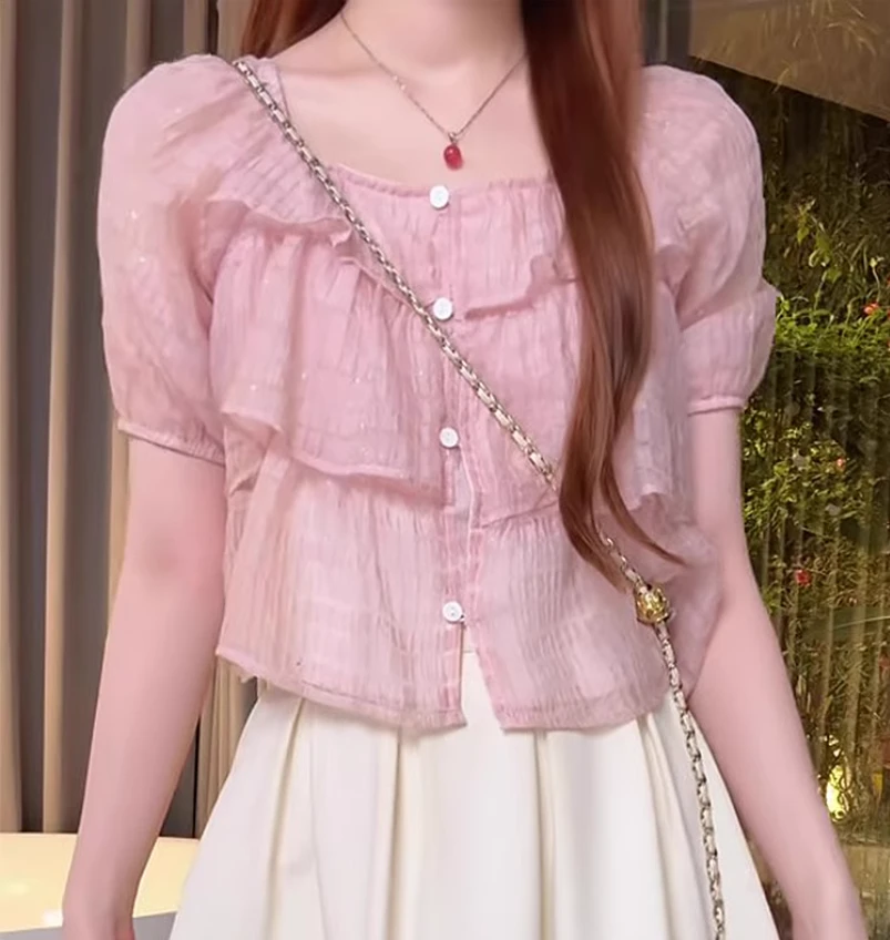 夏季显瘦衬衫荷叶边洋气小衫小众女装方领设计感甜美法式衬衣上衣