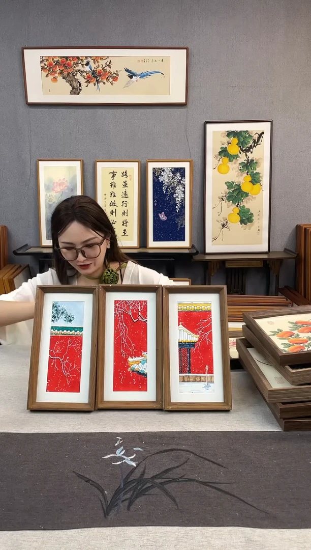 国画手写手绘带框作品-16*29-红墙3