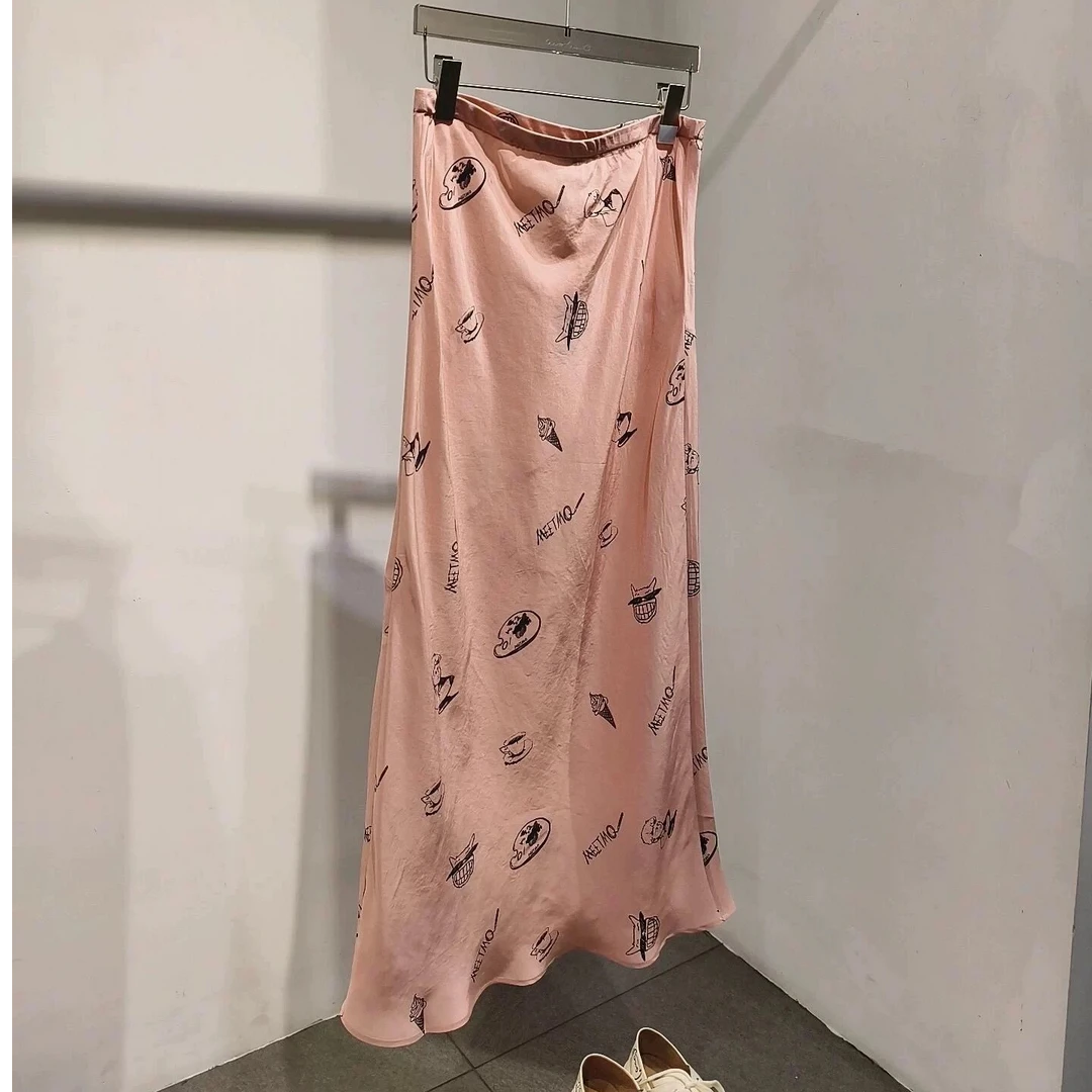 Bahati~25夏～小怪兽趣味卡通印花减龄波浪边时尚百搭半身裙