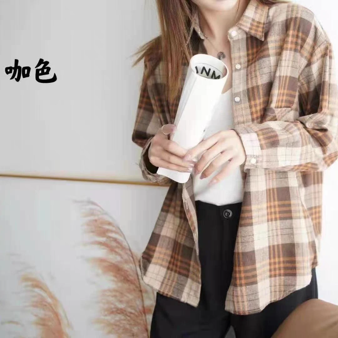 美式复古长袖格子衬衫外套女款