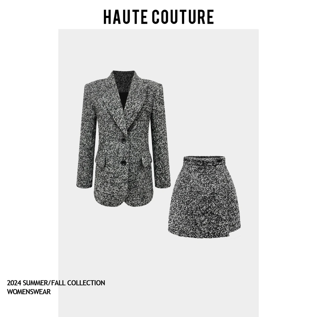 2024冬新款雪花点点绵羊毛西装套装裙两件套A7293