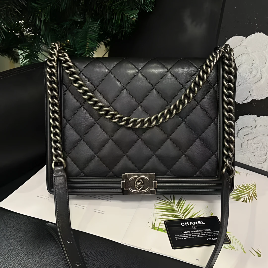 95新 Chanel/香奈儿 黑银外缝线大号leboy单肩包标卡全18开B1431