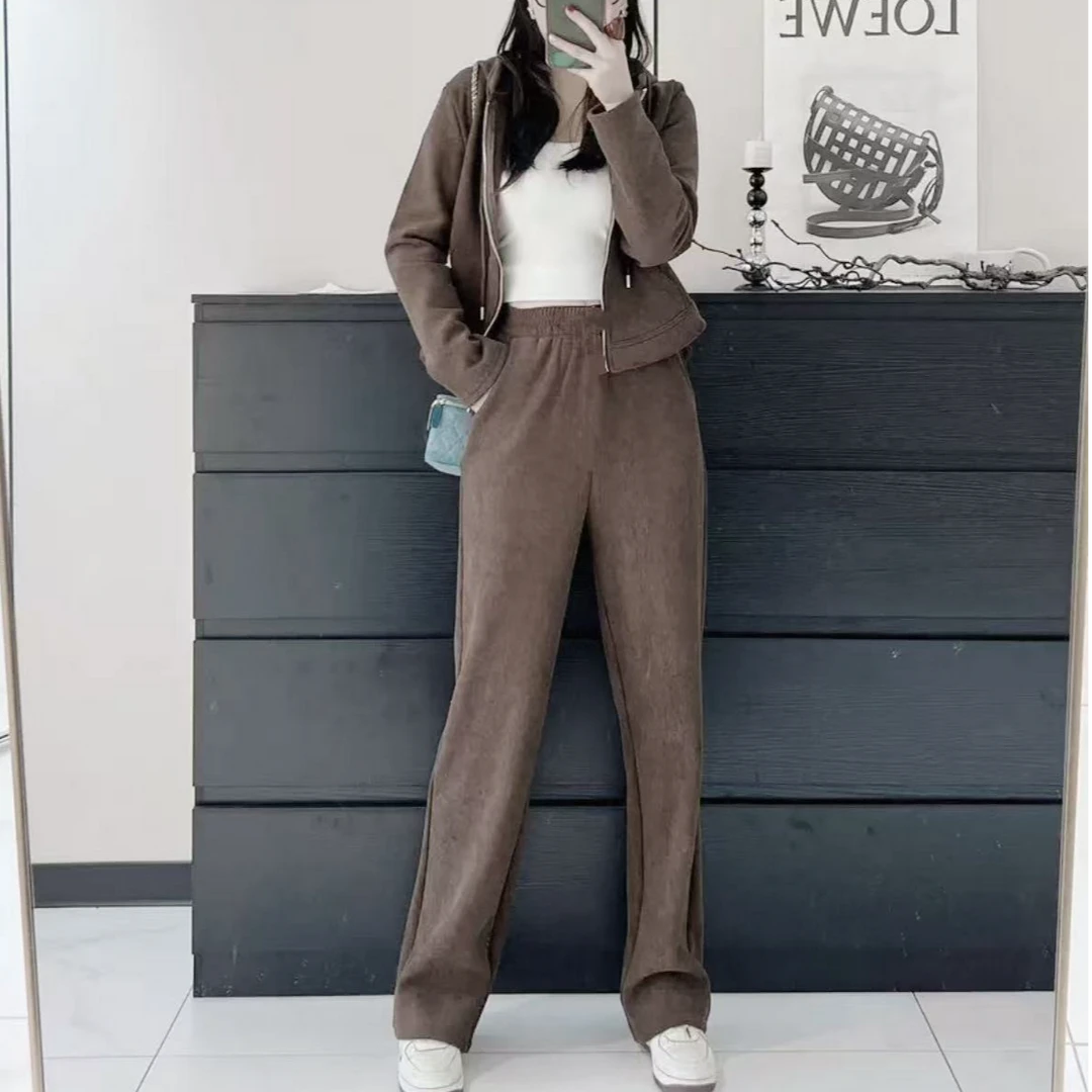 7764-时髦范（连帽卫衣外套+阔腿长裤）套装（咖色）