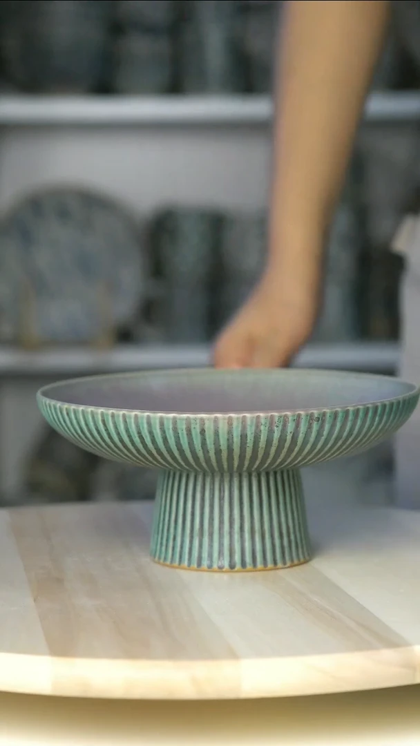 陶瓷微瑕窑变青绿紫高足果盘18cm@4-2@