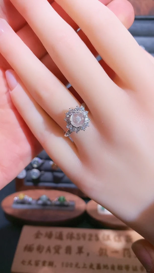 银S925镶嵌戒指翡翠S925银镶翡翠平安扣女饰品