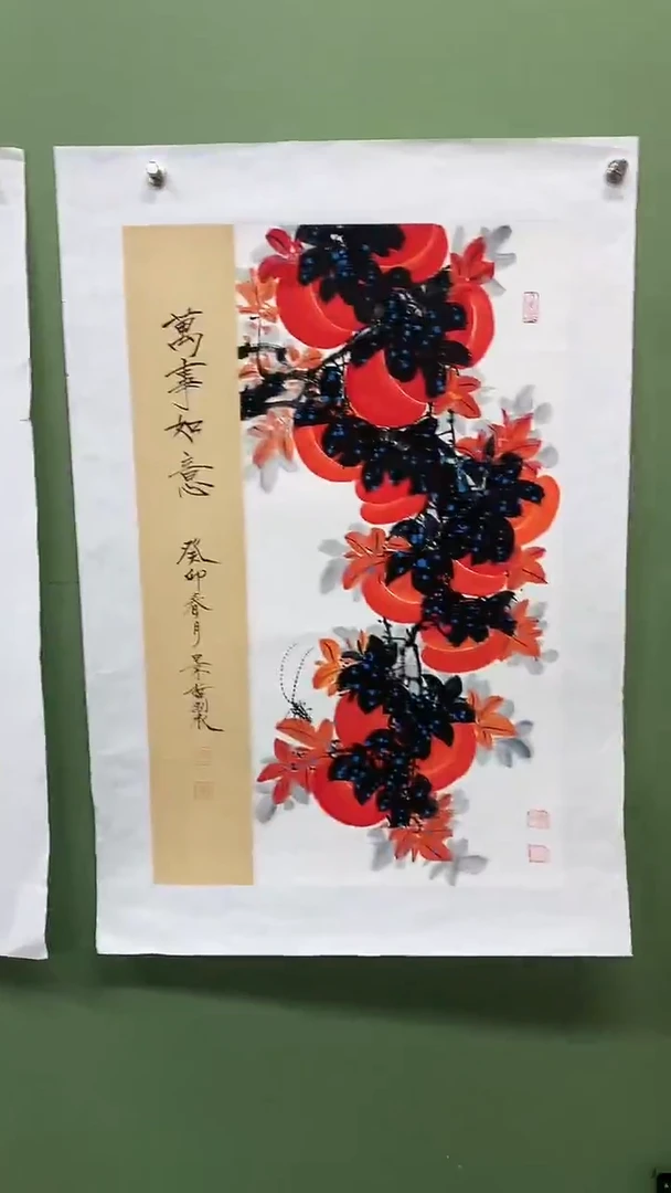 竖款精品开三花鸟，万事如意