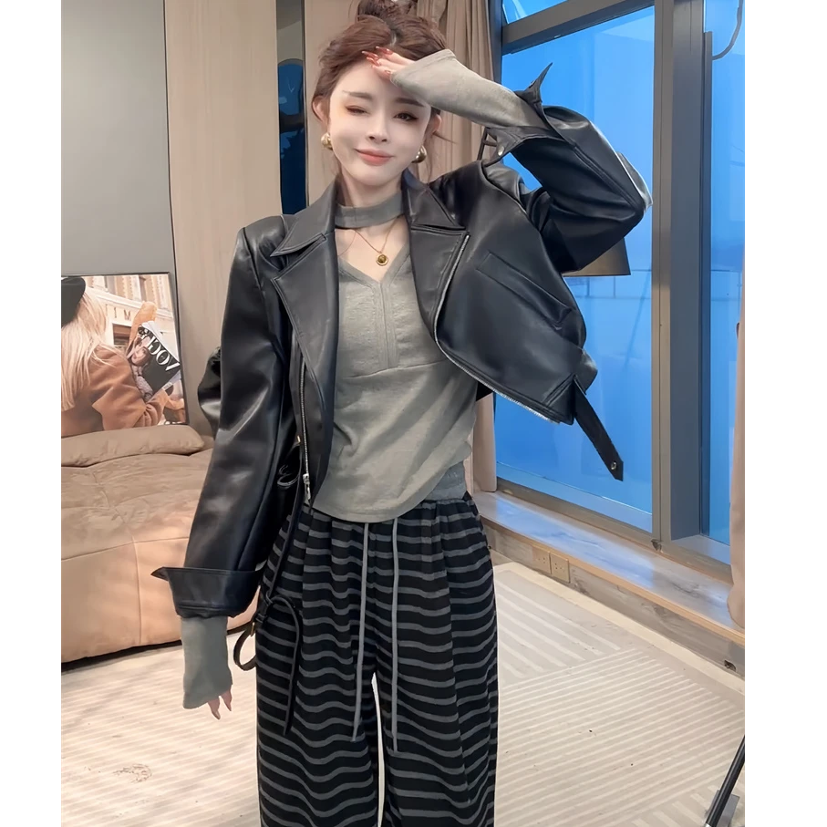 欧货短款机车服拉链皮衣外套女2025春季新款气质百搭翻领夹克上衣