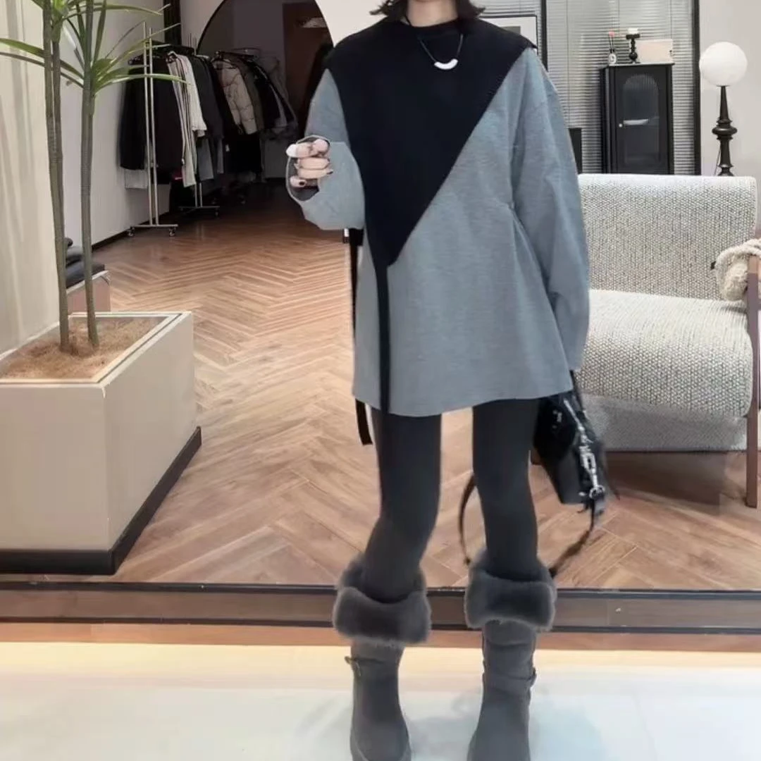 （；琳琳家）秋冬撞色拼接针织披肩圆领长袖T恤女宽松休闲百搭上衣