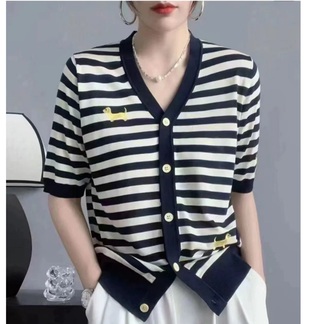 2025新款【莱赛尔+桑蚕丝】超细支夏季条纹撞色刺绣短袖针织衫开衫