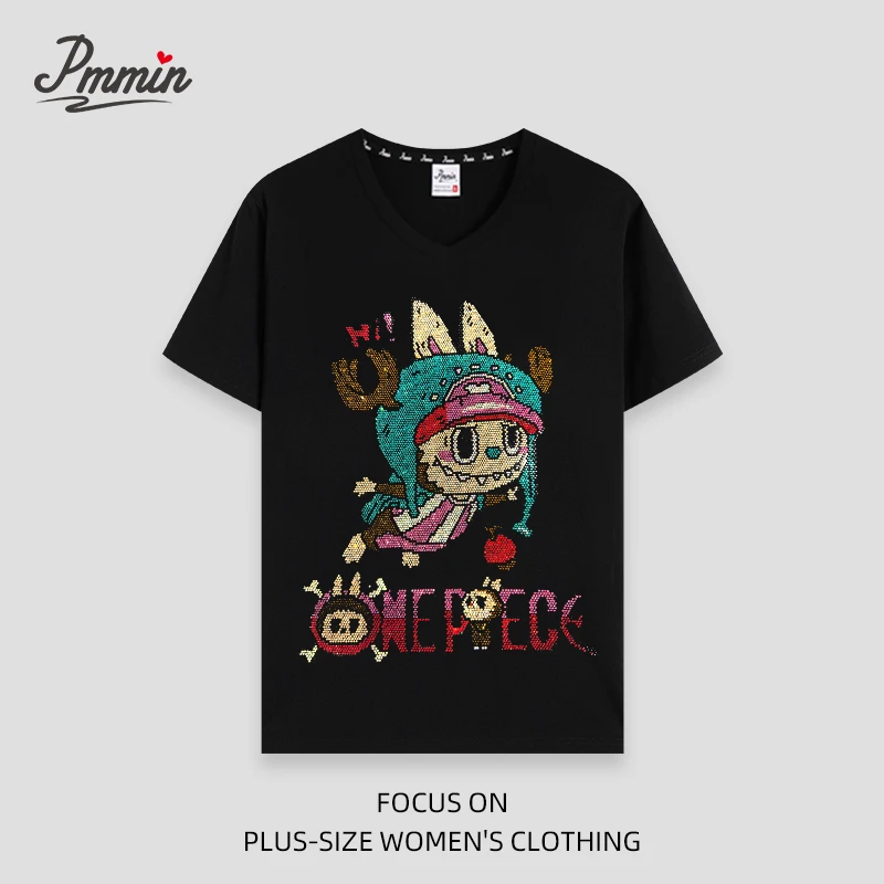 pmmin【双面labb】大码女装大码V领烫钻短袖T恤 烫钻 正反面