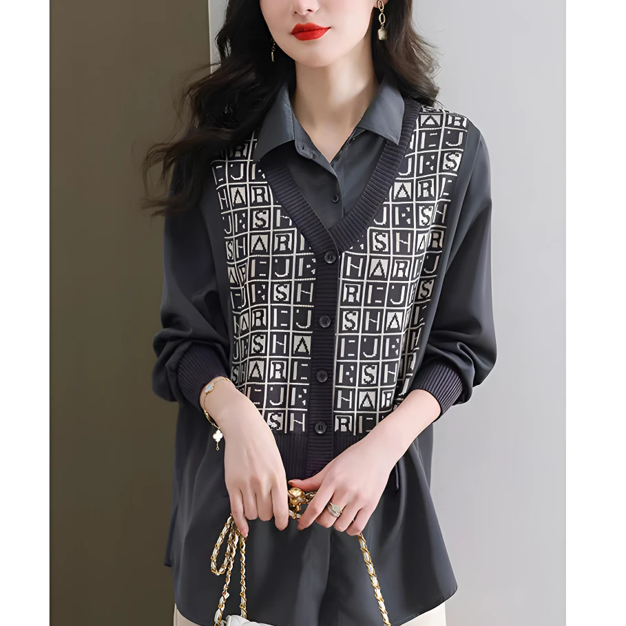 假两件针织上衣女衬衫秋新款拼接长袖衬衣