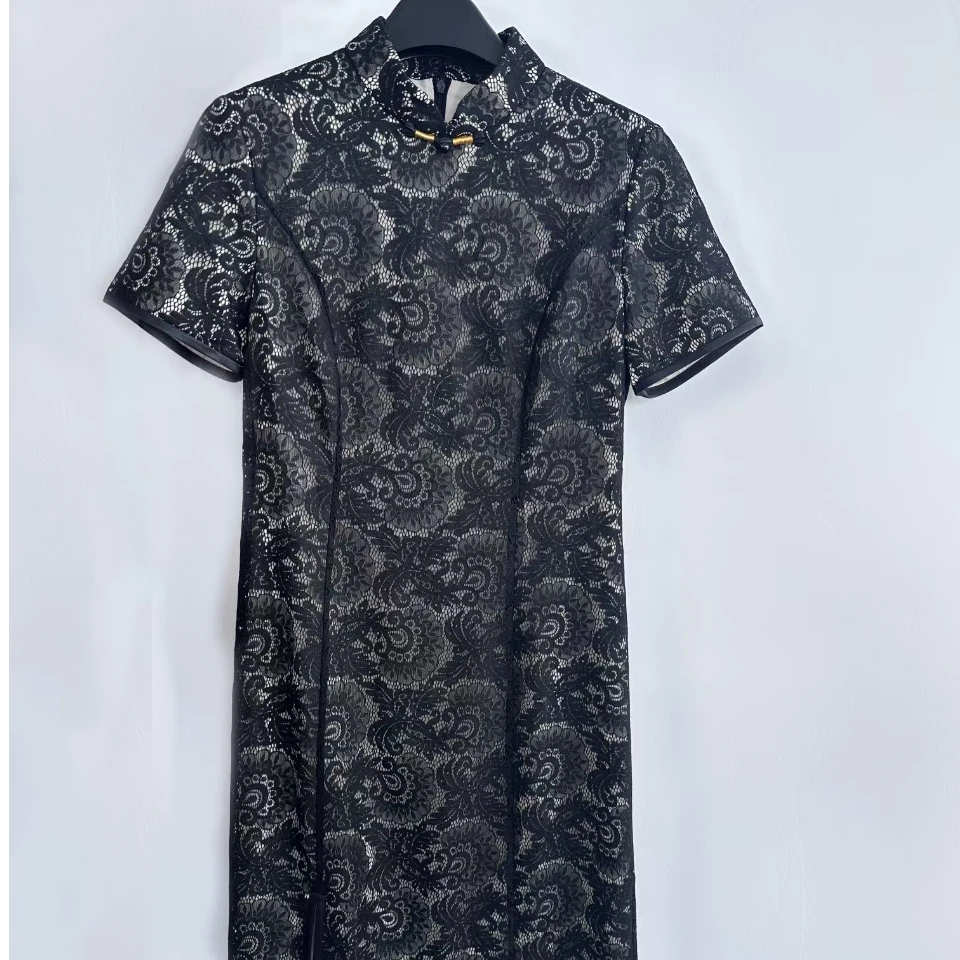 黑色蕾丝旗袍连衣裙夏季黑色时尚气质国风休闲女士潮流设计师