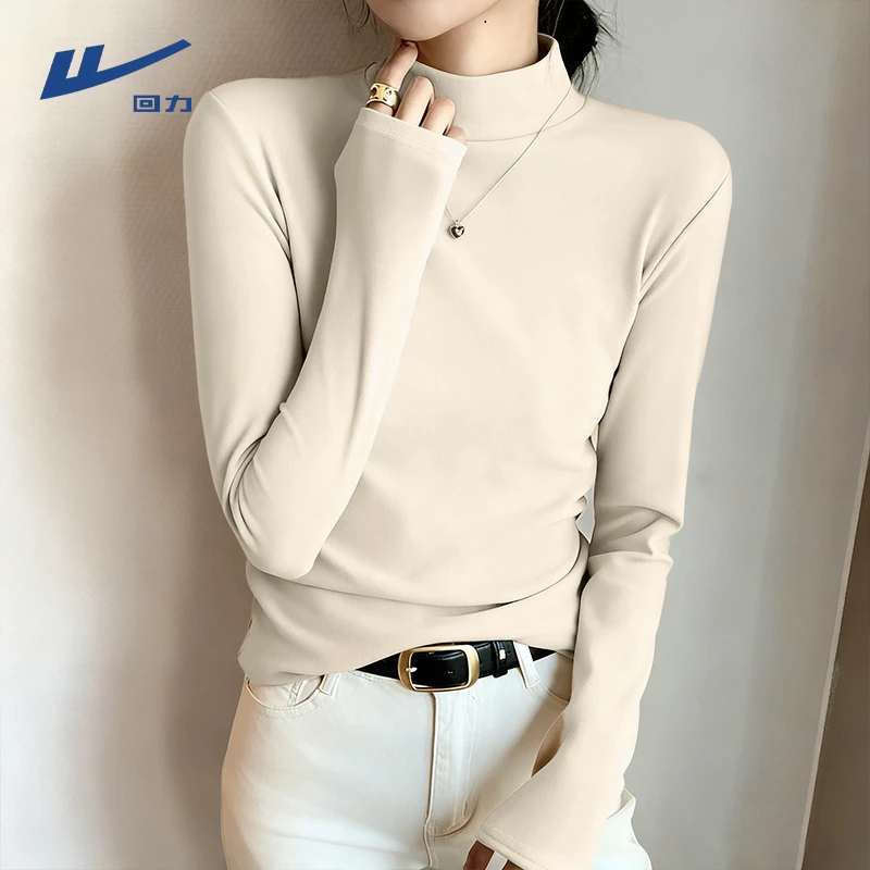 【回力】打底衫女春秋冬2025新款米色半高领内搭立领长袖t恤上衣