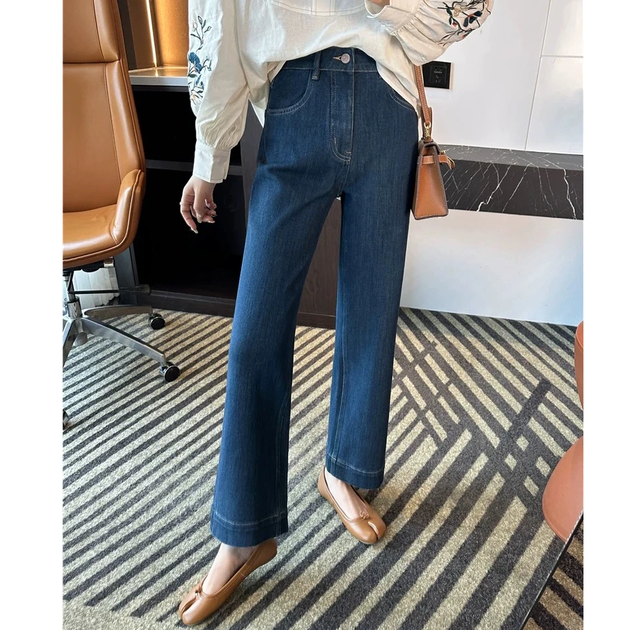 版型太正！复古蓝直筒牛仔裤女2025春季新款九分宽松显瘦阔腿裤子