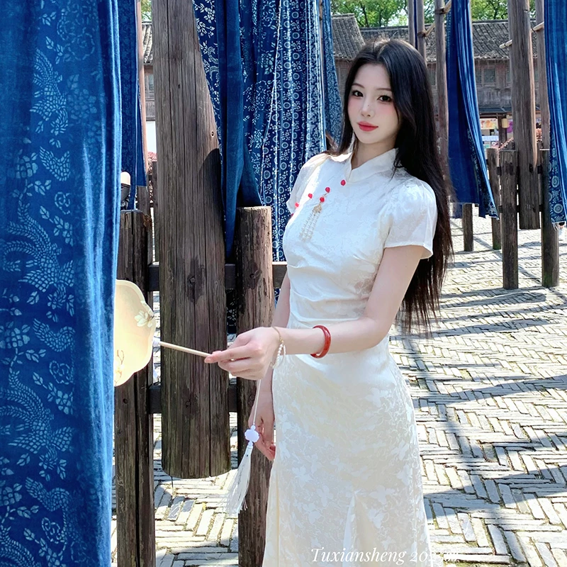 兔仙生：国色天香 新中式旗袍夏季连衣裙2025新款气质收腰鱼尾摆