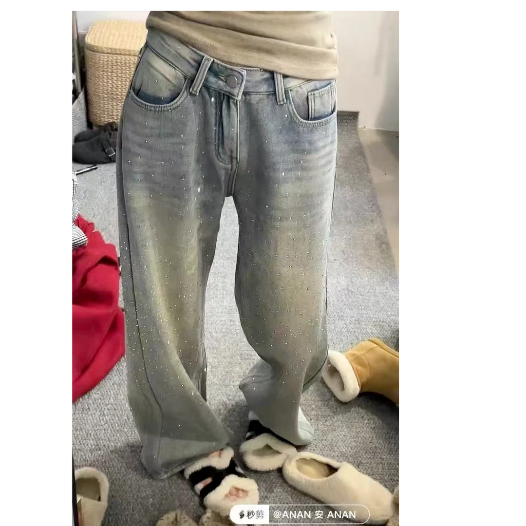 【万喜】直筒牛仔裤新款冬季高腰显瘦烫钻重工满天星水钻加绒2159