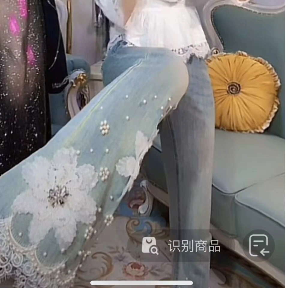 【漫老板】005私服 定制轻奢重工花朵珍珠牛仔喇叭裤