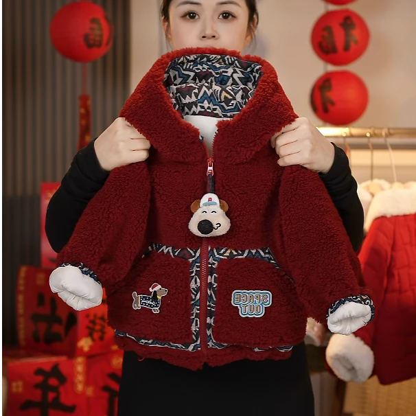 男童红色羔羔毛外套秋冬款2025儿童民族风加绒棉服加厚冬装ML-650