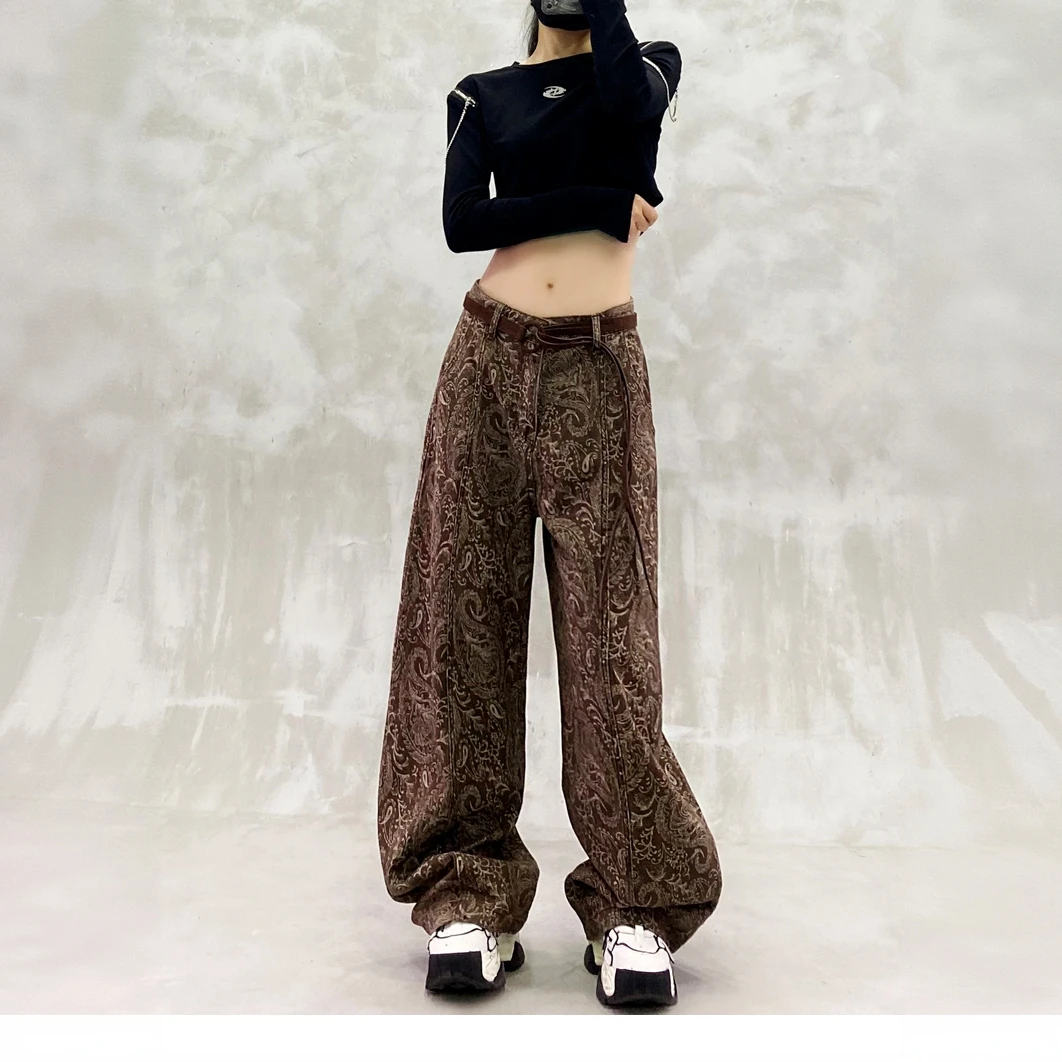 秋季咖色慵懒风腰果提花休闲弯刀牛仔裤女高腰宽松显瘦直筒香蕉裤