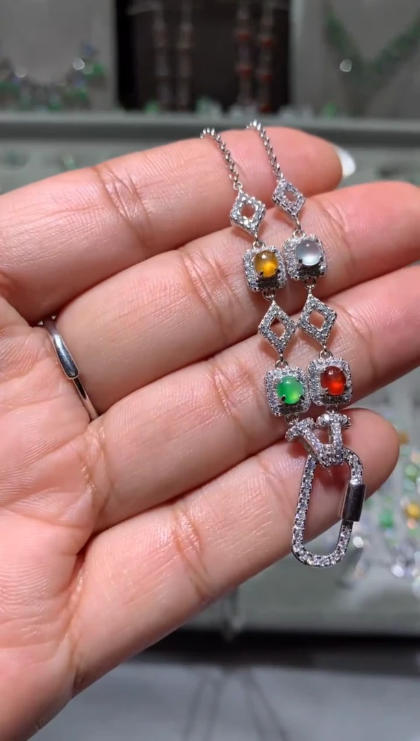 银S925镶嵌翡翠耳饰锁骨链